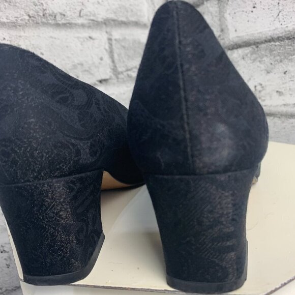 Enzo Angiolini Square Toe Mid Low Block Heel Black Floral Fabric Leather Pump - Picture 10 of 10